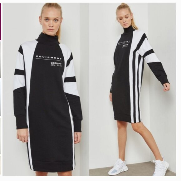 Adidas Equipment Black White Stripe Mock Neck Sweater Sweatshirt Dress Large - Picture 1 of 7